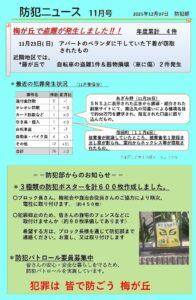 最近の犯罪発生状況と防犯部の活動内容を毎月お知らせします。 住民の皆さんの安心・安全な暮らしを守るため一緒に「防犯パトロール」に参加しませ んか。。
